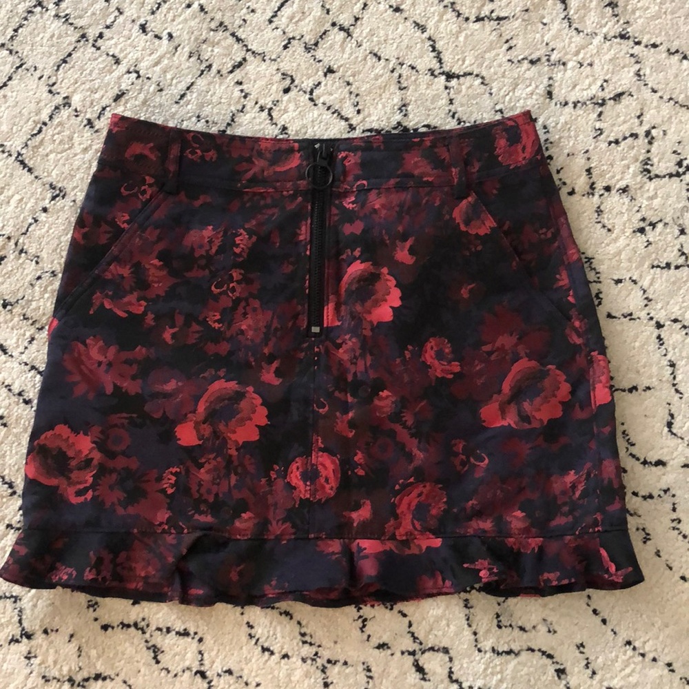 Express Maroon & Blue Roses Ruffle Mini Skirt